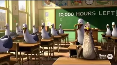 Animated seagulls in a classroom with a blackboard reading '10,000 HOURS LEFT!', then on a 'DETENTION BUS'.