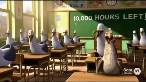 Animated seagulls sitting in a detention bus, chanting repetitively.