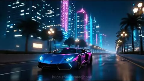 Blue and pink Lamborghini driving on a wet city street at night with neon lights and palm trees.