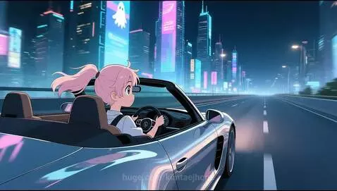 Anime girl with pink pigtails driving a silver convertible through a neon city at night.