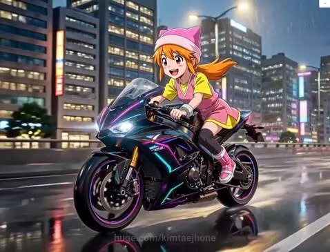 Anime girl with orange hair and pink cat hat riding a neon-lit motorcycle at night through a city with wet reflections.