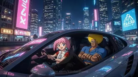 Anime characters in a car driving through a neon-lit futuristic city at night.