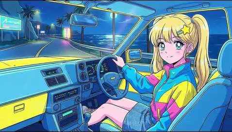 Anime girl with blonde pigtails driving a yellow car at night on a coastal road, neon lights, ocean, full moon.
