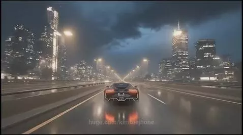Futuristic black sports car with glowing accents driving on a wet city highway at night, reflecting neon lights.