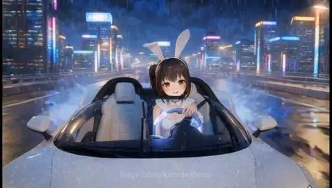 Anime girl with bunny ears in a bunny costume driving a white convertible in a neon city at night.