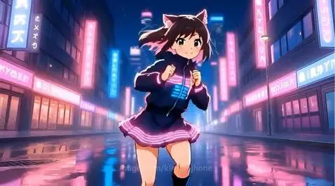 Animated girl with cat ears and neon-striped outfit dancing in a wet, neon-lit city street at night.