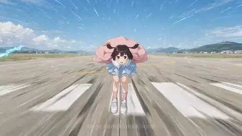 Anime girl in pink cardigan flying over an airport runway with glowing blue rings on her hands, city and mountains in the background during sunset.