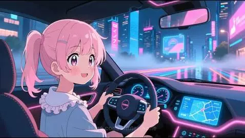 Anime girl with pink pigtails driving a car through a neon-lit futuristic city at night.