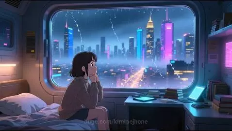 Anime girl with dark hair in a sweater sits by a futuristic window, watching a neon city glow through falling rain.