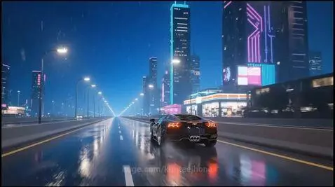 Black Lamborghini driving on a wet highway at night, reflecting vibrant pink, blue, and green neon city lights.