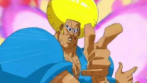 Animated character with yellow afro, sunglasses, and blue shirt pointing, against a pink and purple heart background.