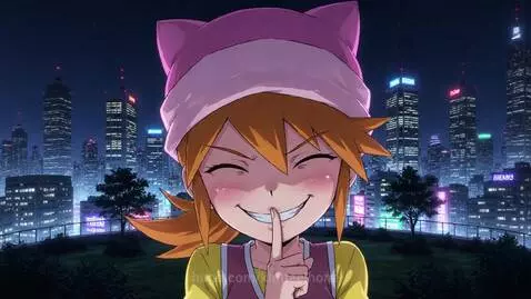 Anime girl with orange hair, pink cat ears, and yellow shirt smiles mischievously, gesturing 'shhh' against a night city backdrop.
