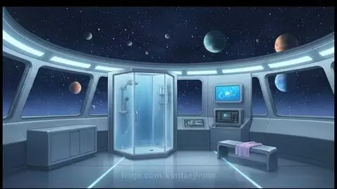 Animated girl with silver hair piloting a spaceship, looking towards a futuristic city on an alien planet.