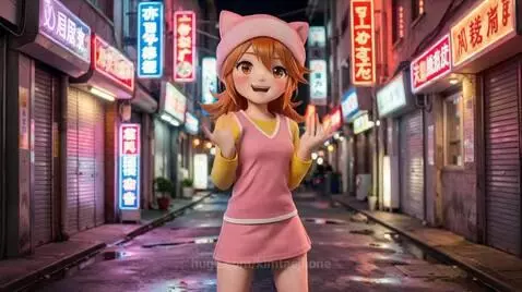 Animated girl with orange hair and pink cat ears dancing in a neon-lit street at night.