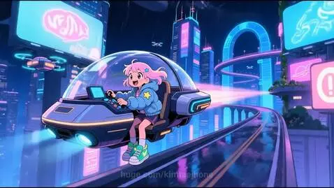 Anime girl with pink hair smiling while driving a futuristic flying car through a neon-lit city at night.