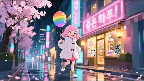Animated girl in a pink dress and white coat with a rainbow balloon skips down a rainy street with pink cherry blossoms and neon lights.