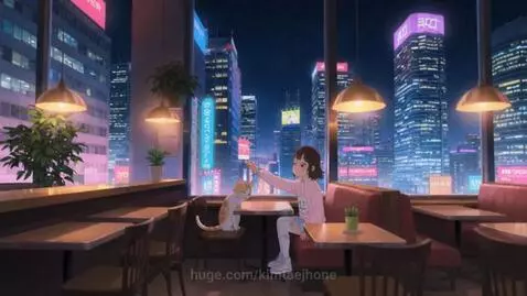 Girl in pink hoodie petting an orange and white cat at a booth in a neon-lit cafe at night.