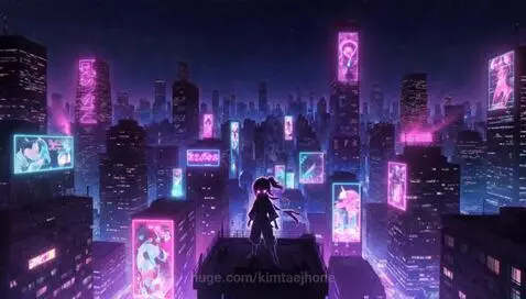 Anime ninja with glowing purple eyes on a rooftop overlooking a futuristic neon city at night.