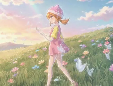 Anime girl with orange hair and cat ears in a flower field, reaching towards a rainbow and setting sun.