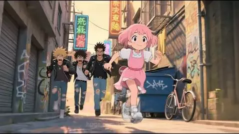 Pink-haired anime girl running scared through a graffiti-filled urban alleyway, pursued by three boys.