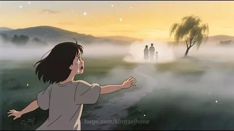 Animated young girl reaching out as silhouetted family walks into mist at sunset/night.