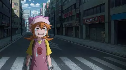 Anime girl with orange hair and pink hat crying as her white cat with a pink bow is pulled into a purple dimensional rift.