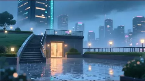 Animated cityscape at night with falling rain, glowing neon lights, and reflections on wet surfaces.