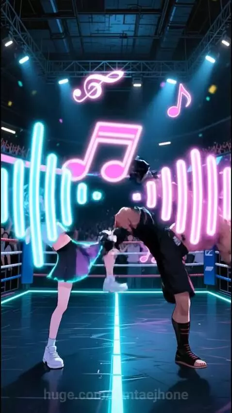 Anime girl with headphones using musical magic attacks against a boxer in a neon-lit ring.