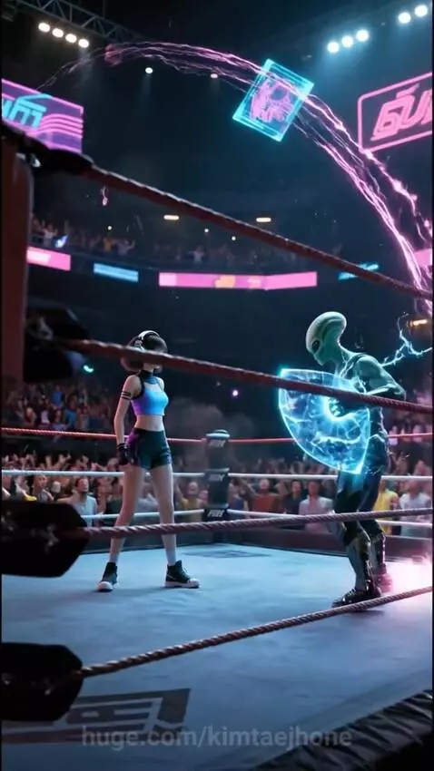 Animated girl with headphones fighting an alien with a shield in a neon-lit futuristic boxing arena with music notes.