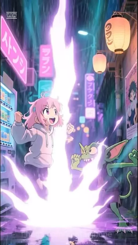 Anime girl with pink hair and a green goblin dance together in a neon-lit, rainy city alley, glowing with power.