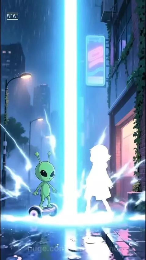 Animated girl and green alien dancing playfully in puddles on a rainy city street at night.
