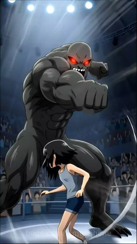 Animated girl with golden aura stomping a defeated, red-glowing alien in a wrestling ring.