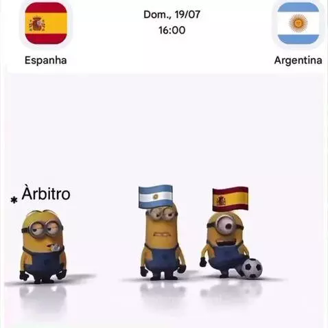 Minions playing soccer, one Minion representing Spain fouls another representing Argentina, receiving a red card from a referee Minion.
