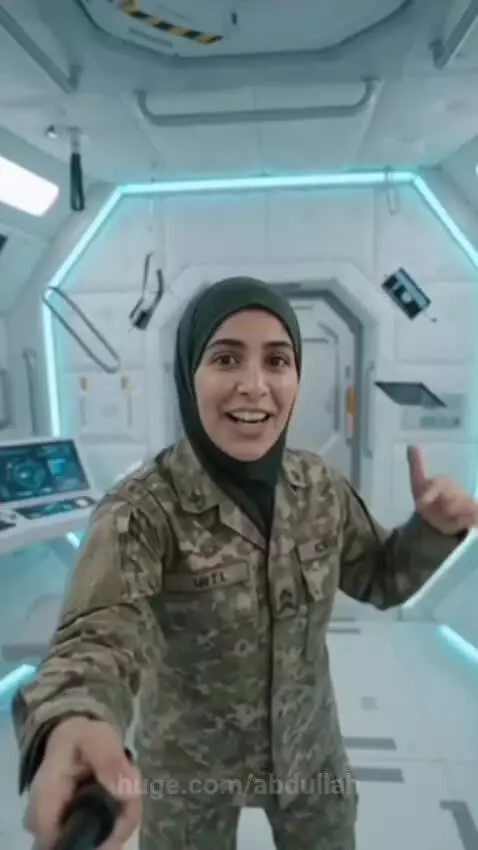 Woman in camouflage uniform and hijab smiling in a futuristic white room with blue neon lights, demonstrating zero gravity.
