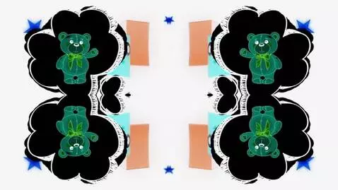 Animated shapes like circles, squares, and triangles with a mirror effect on a bright background with stars.