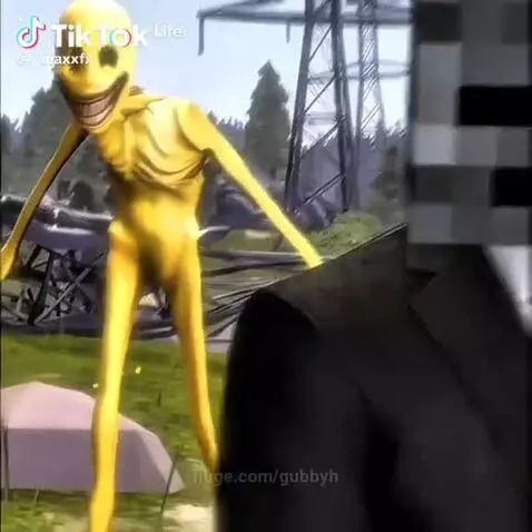 Grox, a Minecraft character in a suit, holding a gun, facing a yellow skeletal creature.