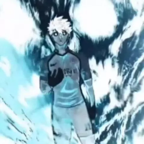 Animated character Nagi Seishiro from Blue Lock with white hair and glowing blue eyes, in dynamic poses with energy effects.