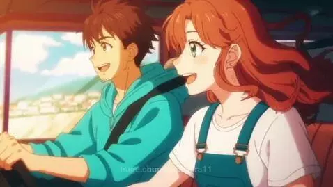Animated couple Simon and Sally driving a camper van along a scenic coastal road in Portugal.
