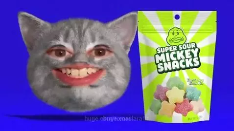 A gray cat with human eyes and lips speaks next to a package of Super Sour Mickey Snacks.