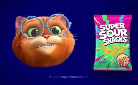 Animated orange cat with glasses next to a bag of Super Sour Snacks.