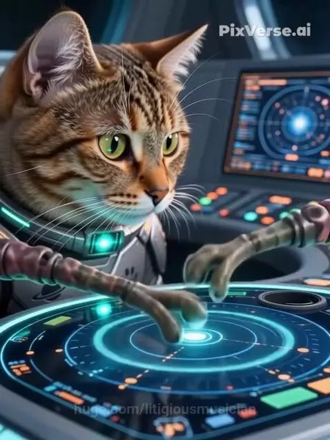 Tabby cat astronaut in a spaceship cockpit, pressing paws on a glowing blue holographic control panel with a galaxy visible outside.