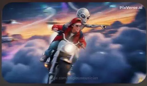 Rider in red jacket and sunglasses on a futuristic motorcycle with a grey alien passenger, flying through space past planets.