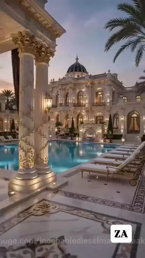 Montage of luxurious modern houses with swimming pools and elegant interiors, featuring a voiceover offering financial aid.
