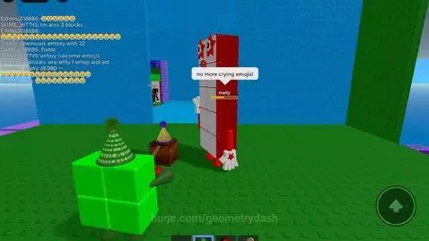 Two block characters, one green with a party hat and one red/white, in a block-based environment. The green character says 'no more crying emojis!'
