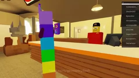 Numberblocks characters ordering food at a fast-food restaurant counter.
