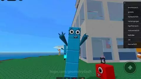 Animated blue and red block characters with numbers, one is number 13, in a sunny outdoor setting with a building and ocean.