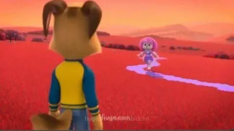 Animated brown dog in yellow and blue jacket shocked by news of country conquest, pink dog approaches on purple path.