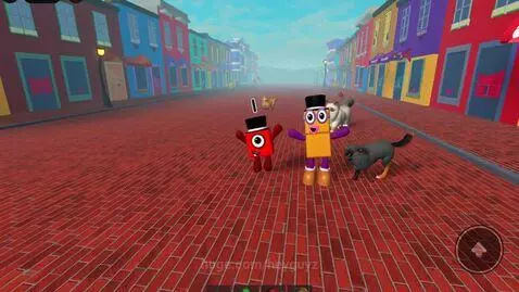 Animated red and purple block characters in Ragdoll City with various dogs and cats.