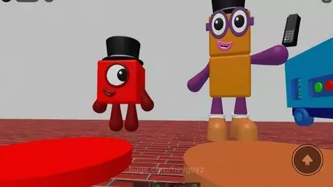 Animated block characters, Numberblock 1 and 2, watch a cartoon on a screen in a simple room.