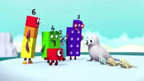 Numberblocks characters 1, 2, 3, 4, and 6 standing on ice with a seal and three baby seals.